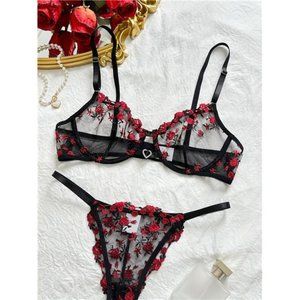 3 Pairs Floral Embroidery Lingerie Set, Hollow Out Unlined Bra Sheer Mesh Thong